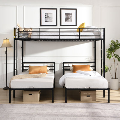 Lit superposé double au-dessus de simple au-dessus de simple avec structure en métal, rails de sécurité et tablette de rangement pour une efficacité maximale