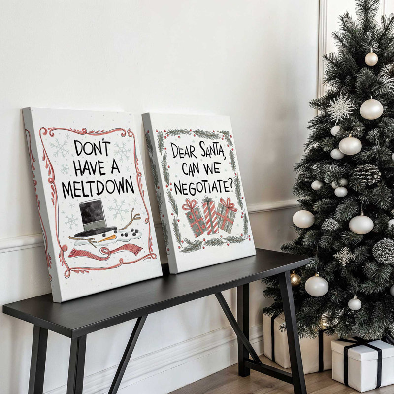 Santa Negotiations, set of  2 Canvas Art Prints, Opaque White, Framed Print without Mat, 19" H x 26" W