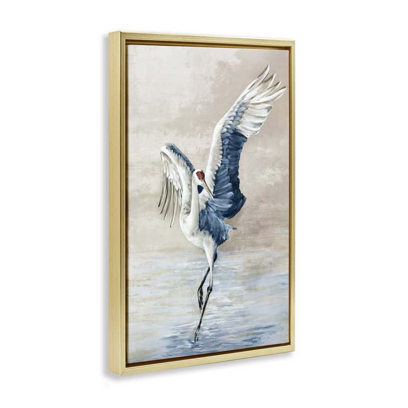  Grue dansante sur toile flottante encadrée par Eli Jones, H 31 po x l 21 po, Cadre flottant métallique doré
