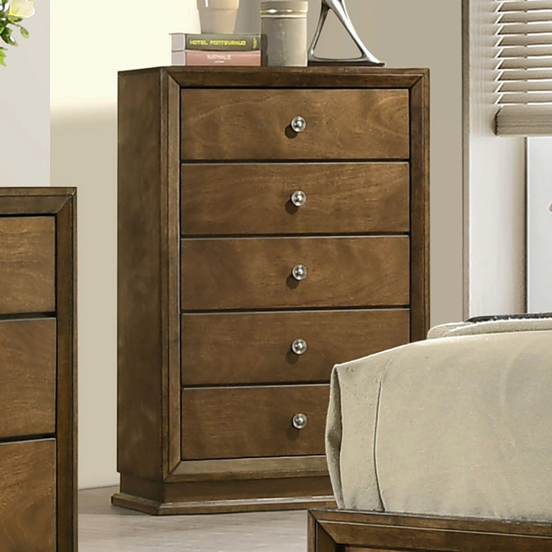 Mobilier de chambre à coucher style transitionnel 1 pièce avec 5 tiroirs en queue d'aronde et boutons en métal finition noyer