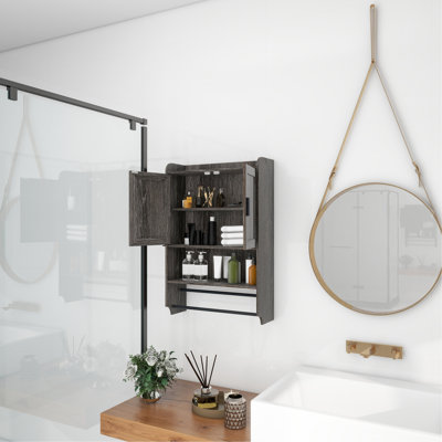 Armoire de salle de bain grise avec portes, tablettes réglables et porte-serviettes, étagère