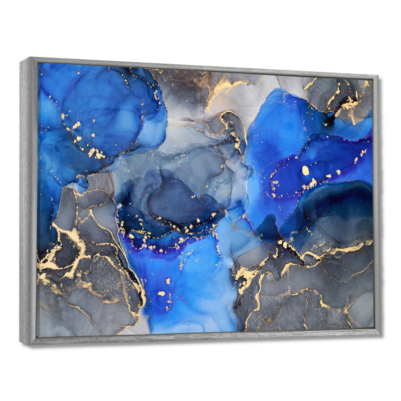 «Blue and Black Luxury Abstract Fluid Art I», reproduction d'art sur toile, H 24 po x l 32 po, Argent argent