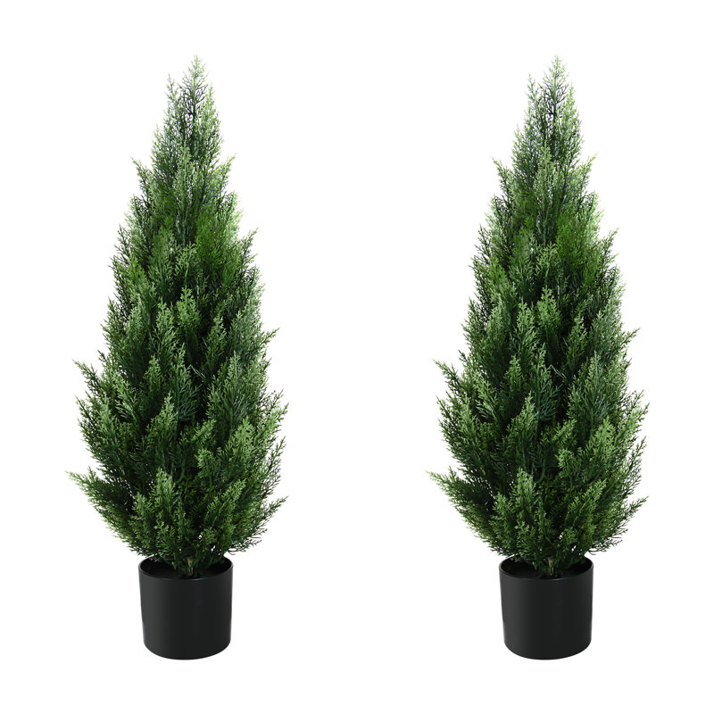 3' Green Faux Cedar Pine Topiary Trees in Black Pots