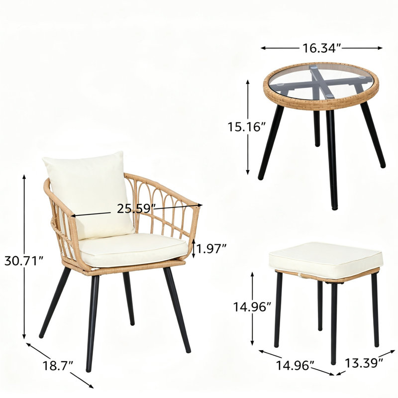 5 Piece Outdoor Patio Furniture Set, Patio Bistro Set With Ottoman, Beige Cushion/Natural Frame