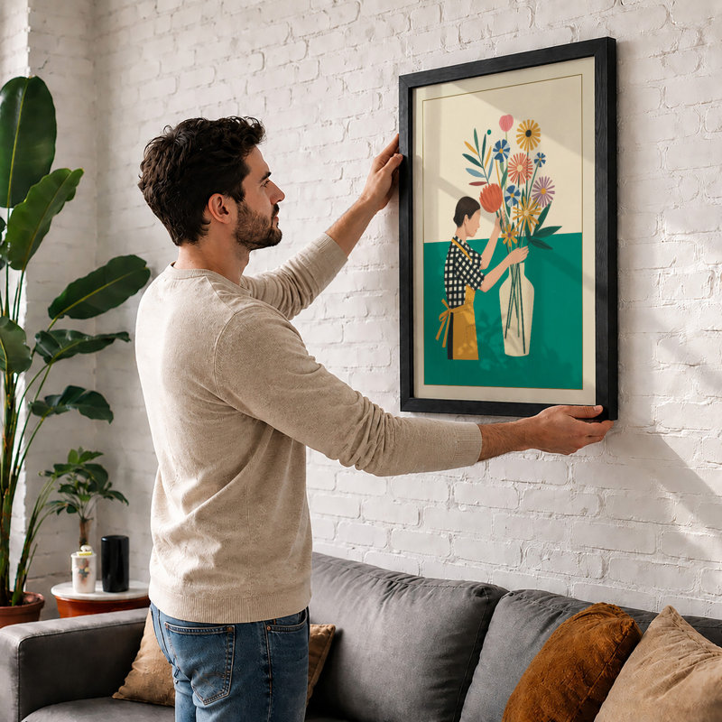 Arranging Flowers Modern - Framed Print, A2 - 59.4 x 42.0 cm, Oak