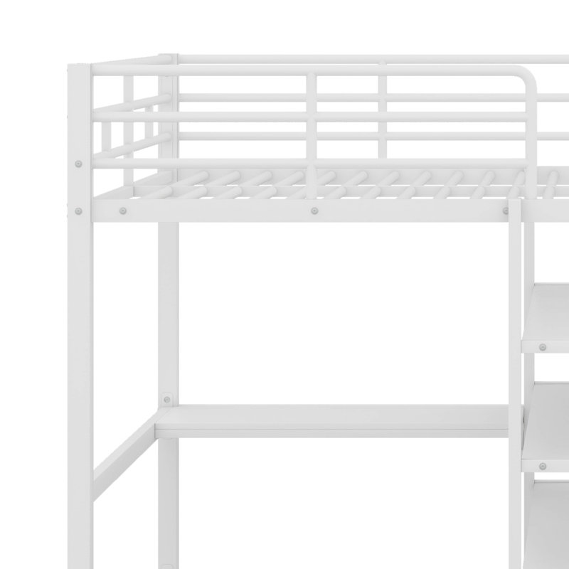 Full Over Twin Metal Bunk Bed With Built-In Desk, Shelves And Ladder, White