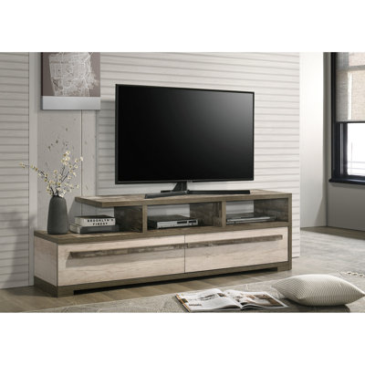 Meuble télé moderne avec finition en bois à deux tons, étagères ouvertes et tiroirs cachés, pour espace de vie, 72,82 po de profondeur, contemporain avec des tiroirs spacieux, H 70,87 po x 15,4 po