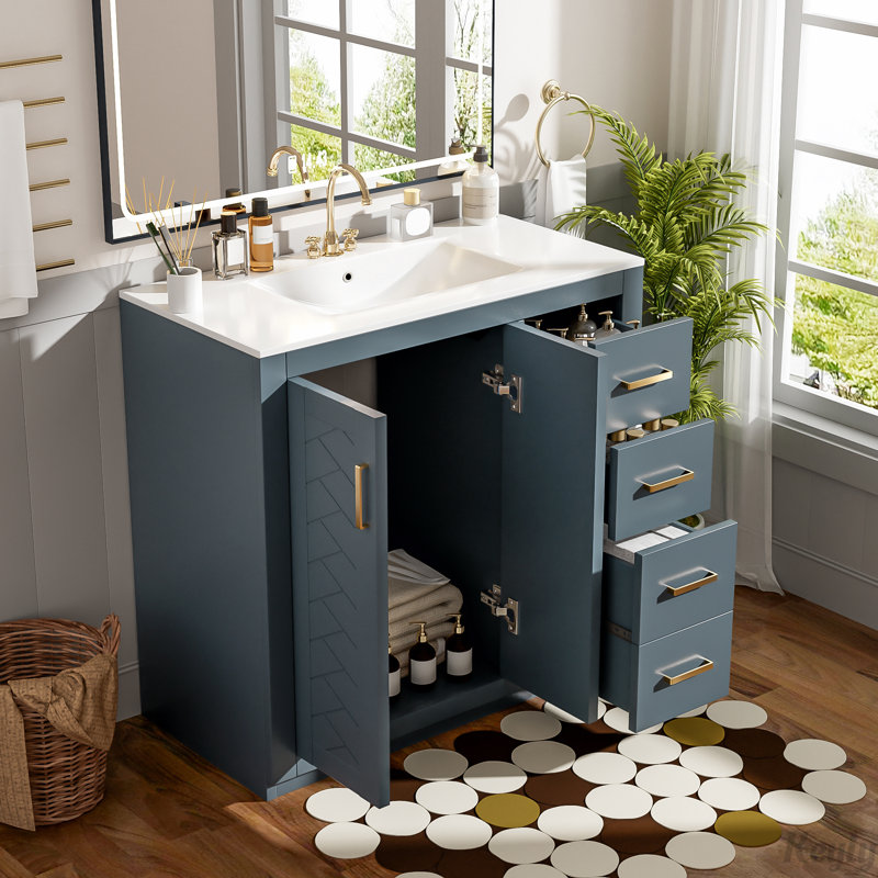 Meuble-lavabo 36 po avec lavabo en céramique, Bleu