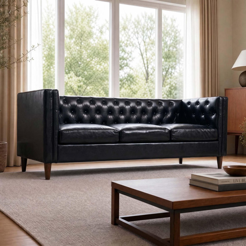 Canapé en cuir Chesterfield de 81 pouces à trois places de style Mid-Century pour les appartements et les espaces de travail