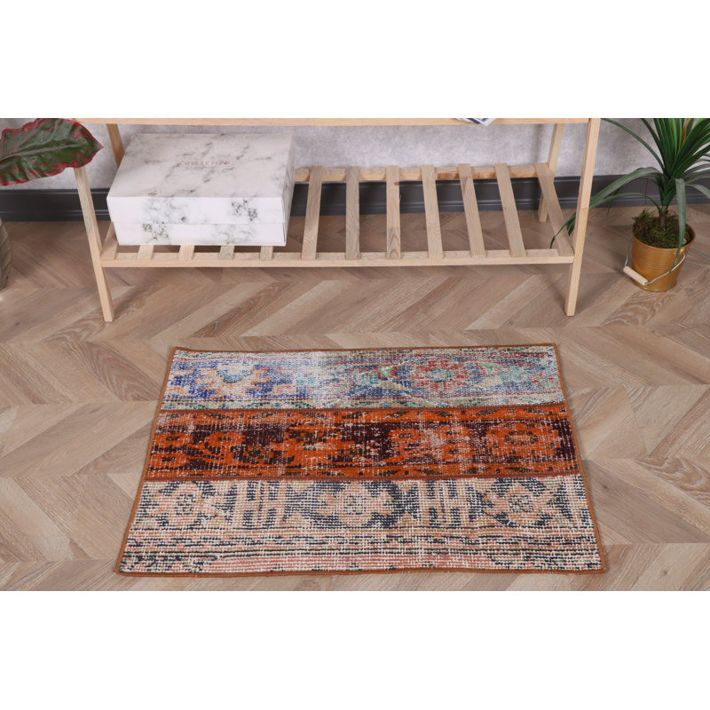Vintage Tribal Ethnic Orange Wool Door Mat Provides Antique Turkish Patchwork for Kitchen