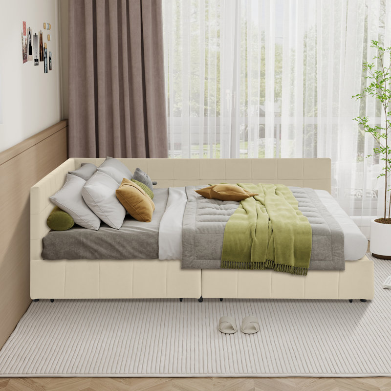 Modern Queen Size Storage Upholstered Tufted Bed Frame,sofa Bed Frame With Comfortable Backrest And Armrests, Beige