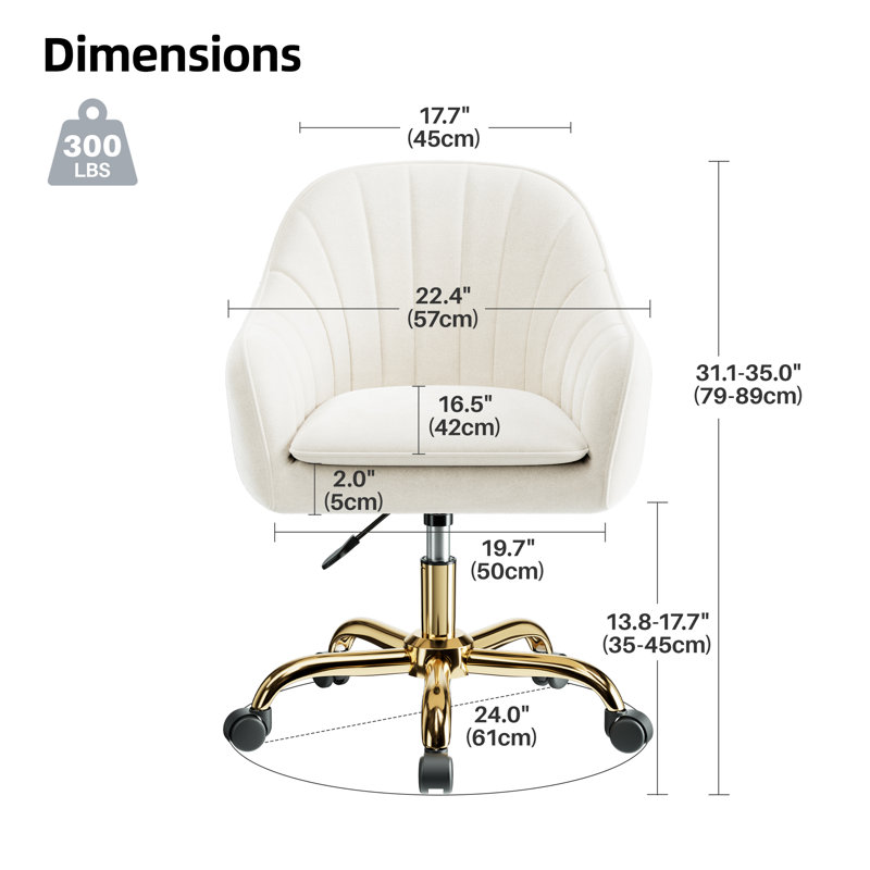 Modern Velvet Vanity Task Chair with Wheels, Beige, Gold