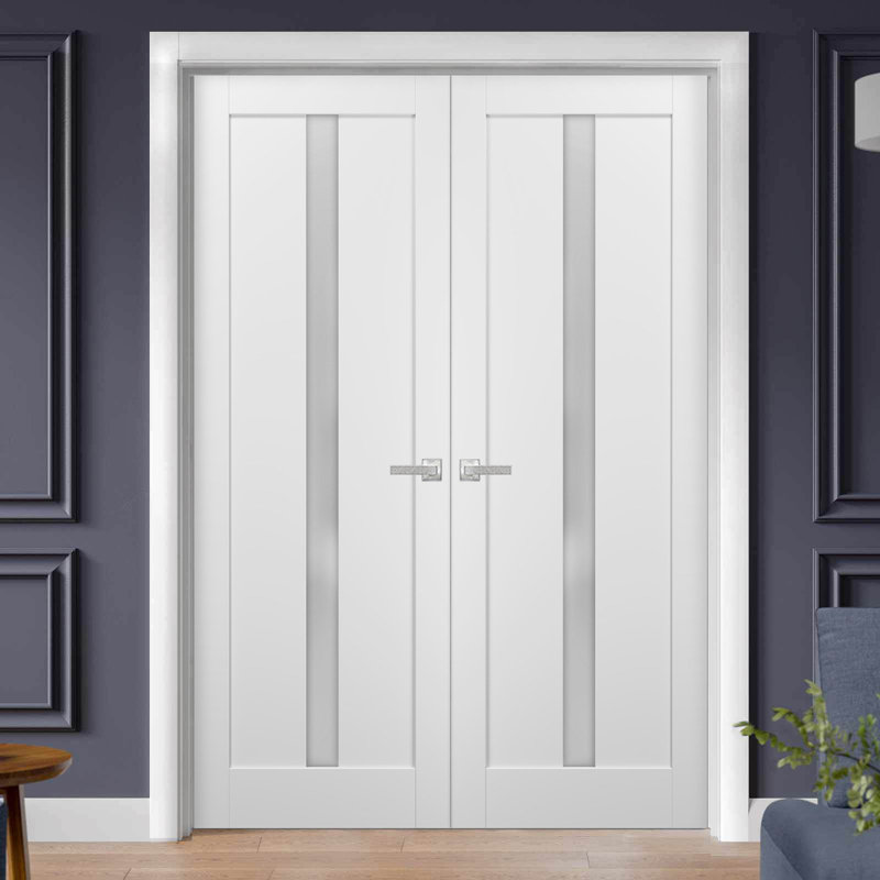 Portes françaises blanches en verre givré Quadro avec trousse de quincaillerie d'installation, 48 po x 96 po