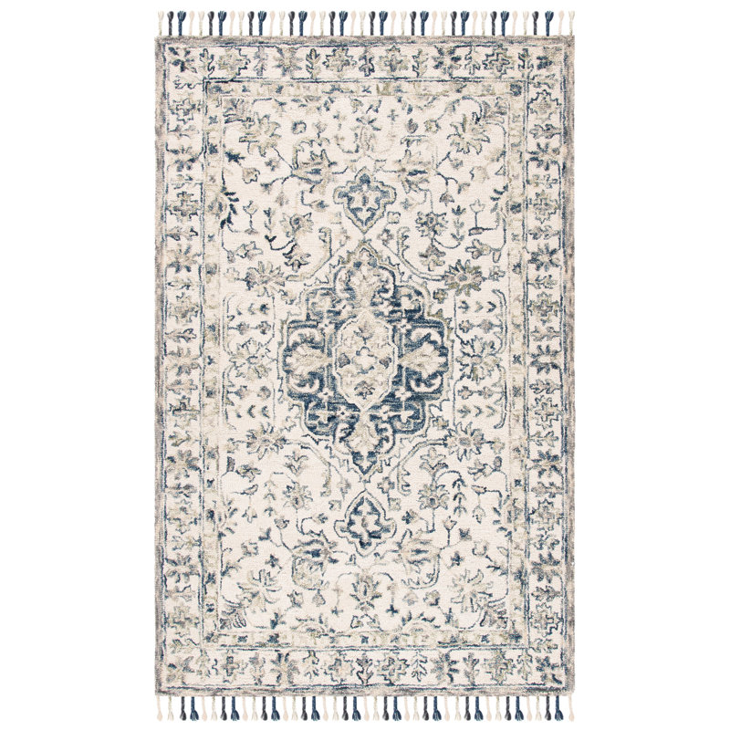 Tapis ivoire / bleu en laine / coton touffeté à la main Arkadijus, Rectangle 4 pi x 6 pi