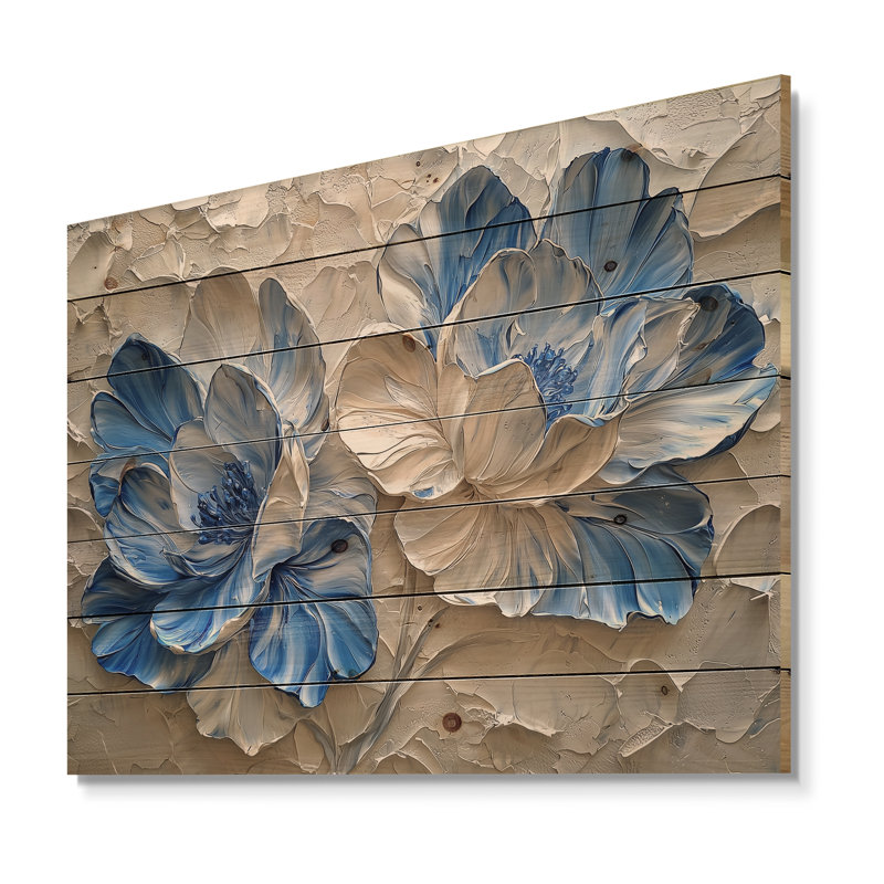 Velours crème bleu Rhododendron chemin III - décoration murale en bois de rhododendron - sur bois de pin naturel