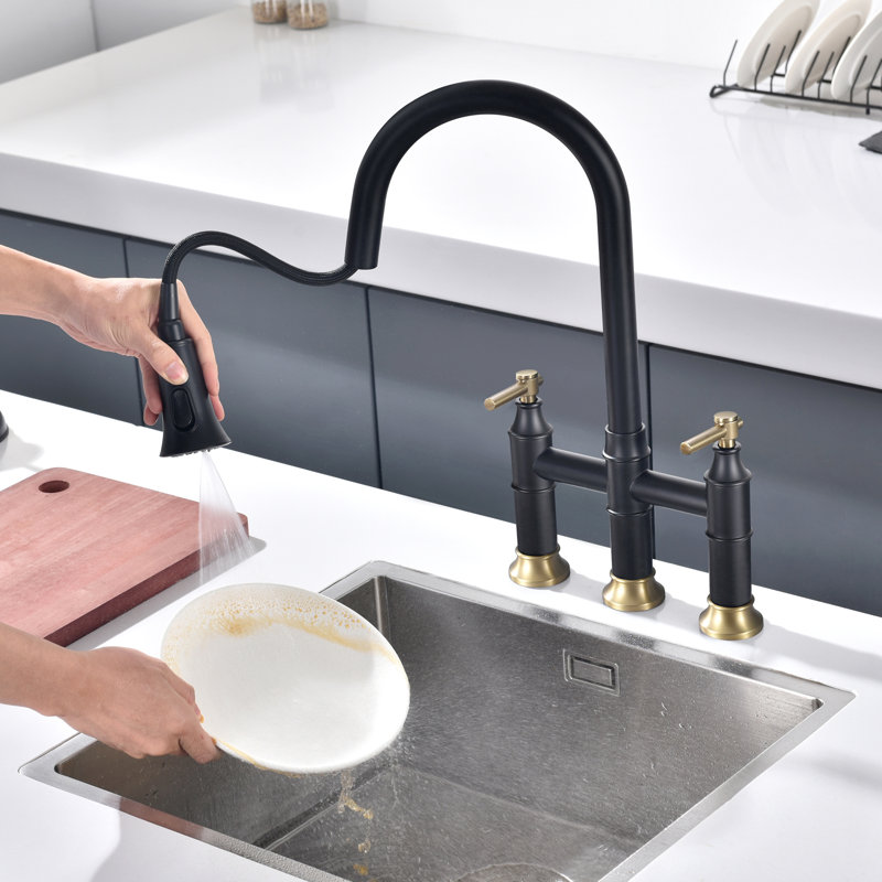 Sumerain Kitchen Sink Faucet, 2 Handle Deck Mount Bridge Pull-out Kitchen Faucet, SWF6119PQ-XX, Black&Gold