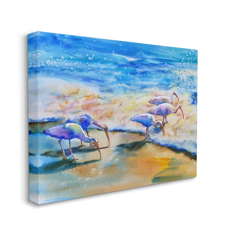 Oiseaux aigrettes marchant sur la côte, éclaboussant l'eau par MB Cunningham - Peinture, H 16 po x l 20 po x P 1,5 po