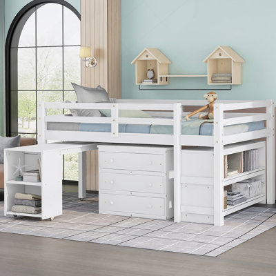 Low Study Full Loft Bed With Cabinet ,Shelves And Rolling Portable Desk ,Multiple Functions Bed- White(OLD SKU:LT000313AAK)