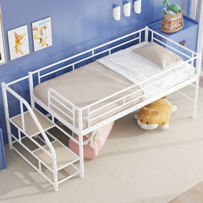 Mid Loft Bed with Storage Stairs, Twin, White – Safe, Sturdy Metal Frame, Space-Saving Kids Bedroom