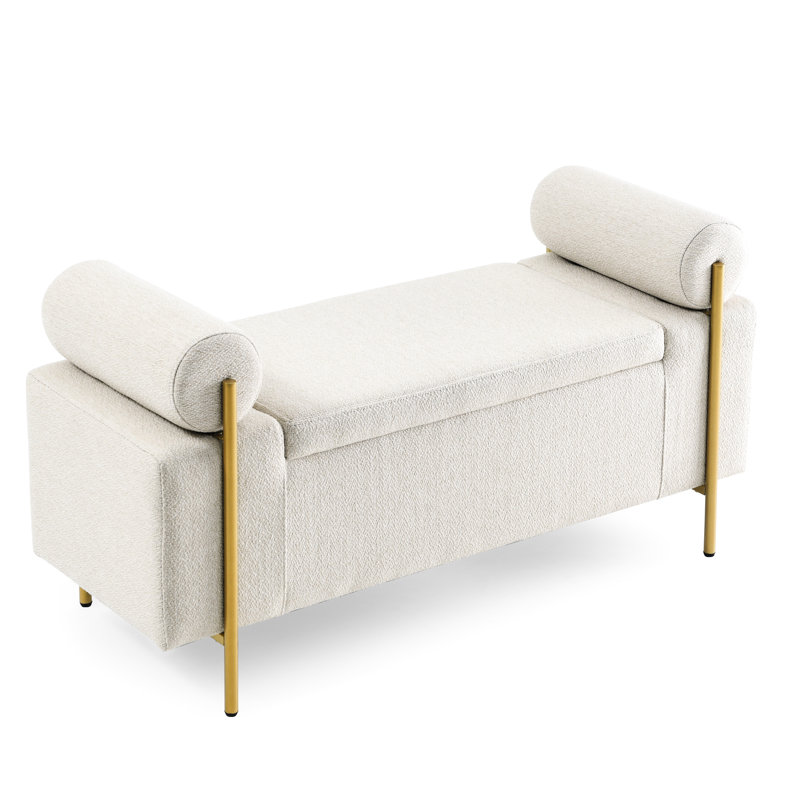 Elegant Upholstered Bench With Cylindrical Arms And Iron Leg Setup In Beige For Living Room Bedroom Hallway Legs, Soft Linen