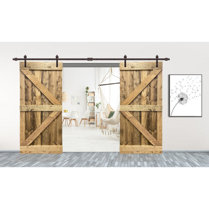 Porte de grange en panneaux de bois et métal teintés double pré-assemblé avec ensemble de quincaillerie d’installation