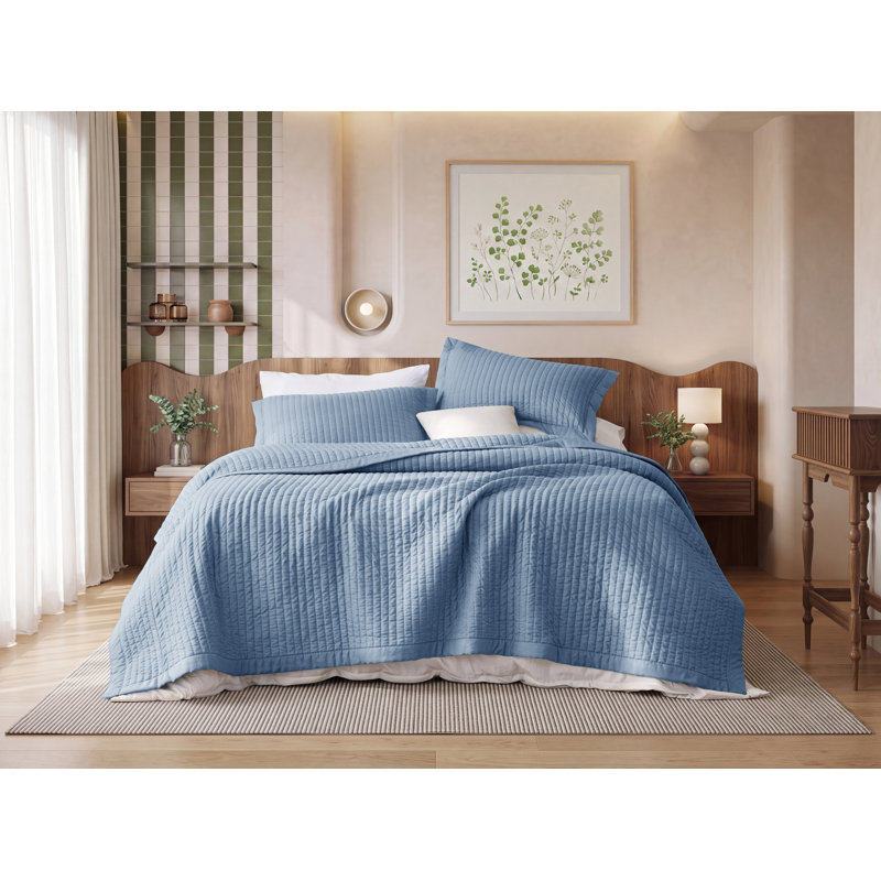 Bedspread Coverlet Lightweight Soft Quilt Bedding Set, Twin Quilt + 1 Standard Pillow Sham, Blue Corduroy