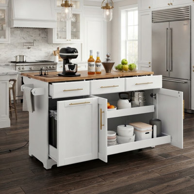 Îlot de cuisine roulant de 150,5 cm (59,3 po) avec rangement, comptoir rabattable, organisateurs de placards coulissants, rangement pour poubelle et prise de courant pour la cuisine et la salle à manger