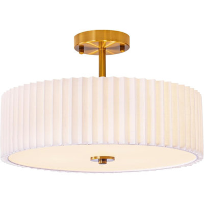 16.5 Inch Semi Flush Mount Ceiling Light Fixture,Gold Finish With Pleated Fabric Shade,3-Light Flush Mount Ceiling Light,Modern Light Fixtures Ceiling Mount For Bedroom,Hallway,Nursery Room