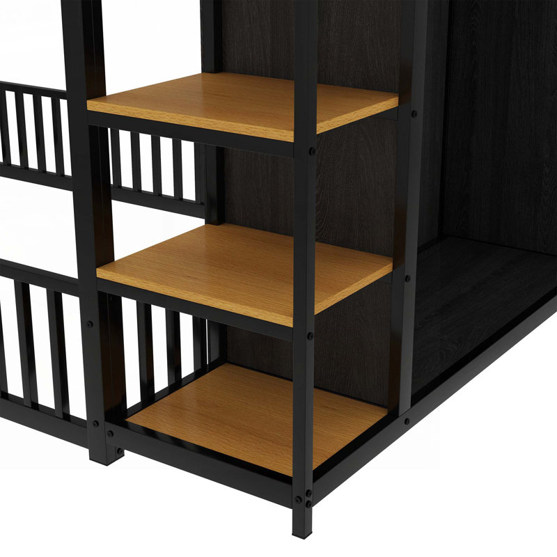 Floor Bed Frame with Wardrobe, Metal floor Bed with Storage Shelves, Twin