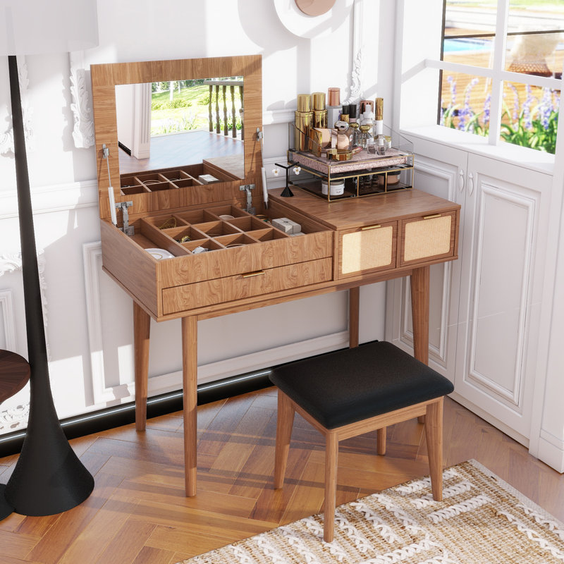 43.3" Classic Wood Makeup Vanity Set With Flip-Top Mirror And Stool, Dressing Table With Three Drawers And Storage Space, 