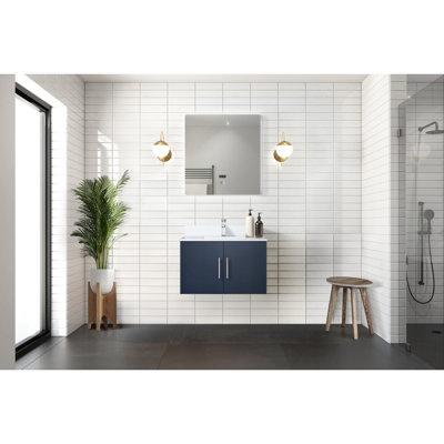 30 po Meuble-lavabo de salle de bain bleu marine, comptoir en quartz blanc, miroir à DEL à fermeture en douceur, salle de bain spacieuse avec rangement bleu et comptoir