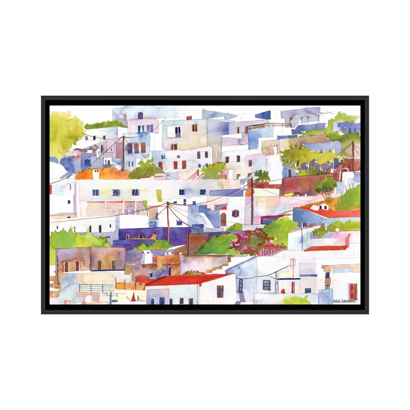 «Lindos» par Maja Wronska, impression sur toile, H 18 po x l 26 po x P 1,5 po, Toile avec cadre noir, Pas de tapis