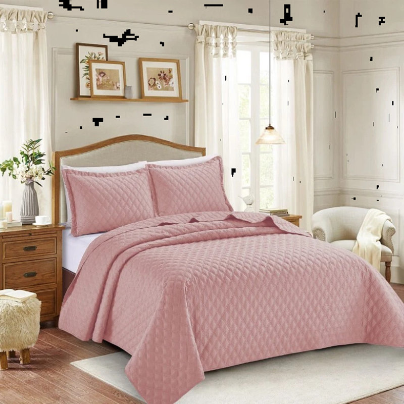 Microfiber Bedspread with Pillow Shams Included, Double Bedspread + 2 Standard Shams, Pink