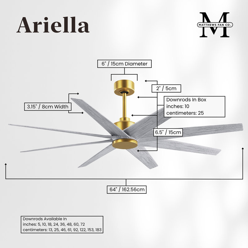 Ariella - Eight Blade Ceiling Fan - Brushed Brass Finish - Matte Black Blades, Barn Wood Tone, Brushed Brass