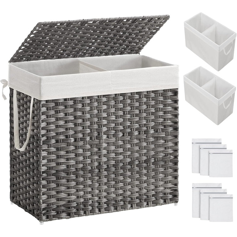 130L Clothes Hamper With Lid, 2 Removable Liner Bags, 6 Mesh Bags, Wicker, Double Laundry Basket For Bathroom, 13 X 26 X 23.6 Inches