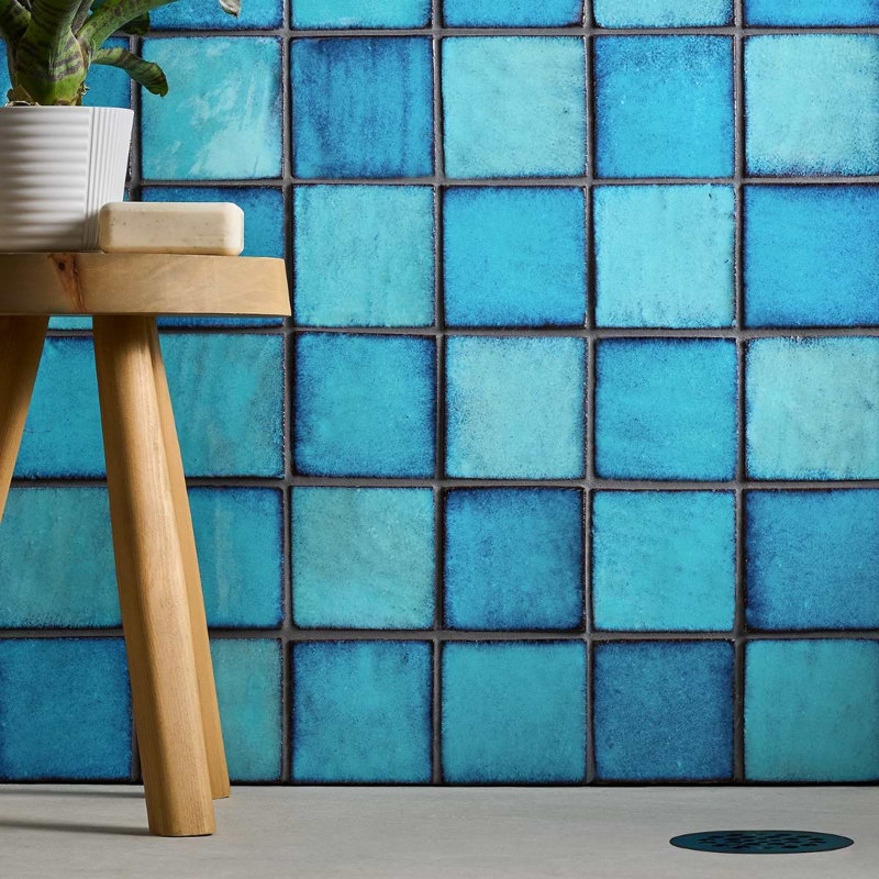 Emery Blue 4X4 Square Handmade Crackled Glossy Terracotta Tile - Final Sale, Blue