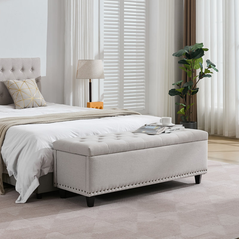 Espana 51'' Upholstered Tufted Storage Ottoman, Beige Linen Blend