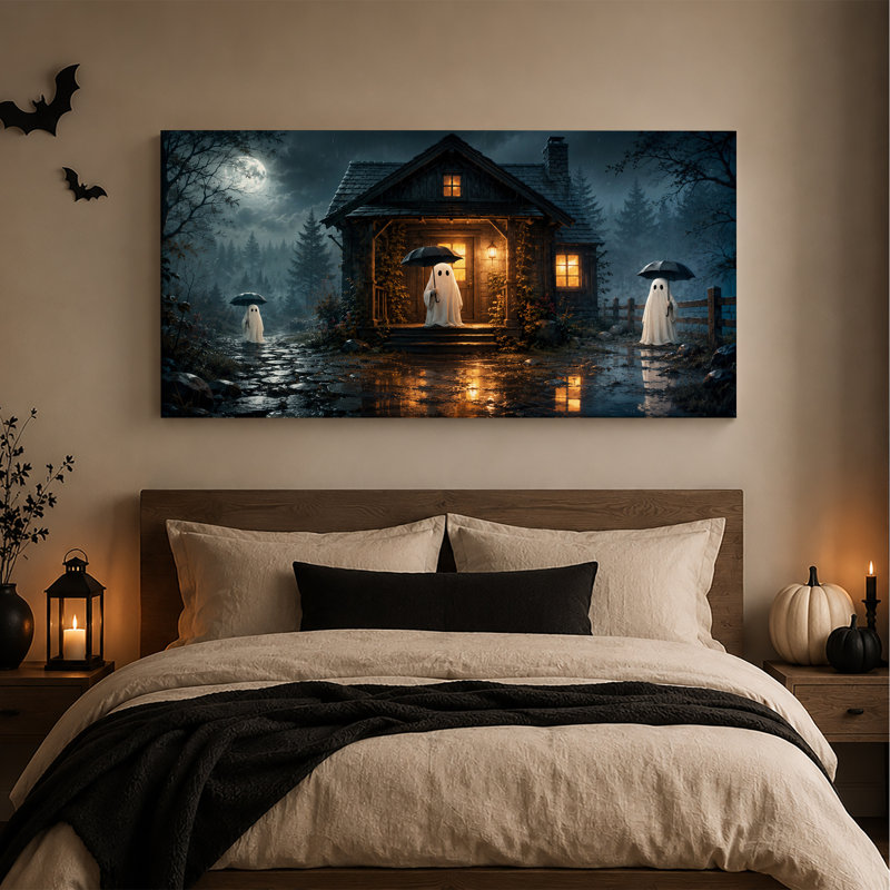 Trois fantômes avec des parapluies à l'extérieur, tableau mural en bois illuminé pour l'Halloween sur toile