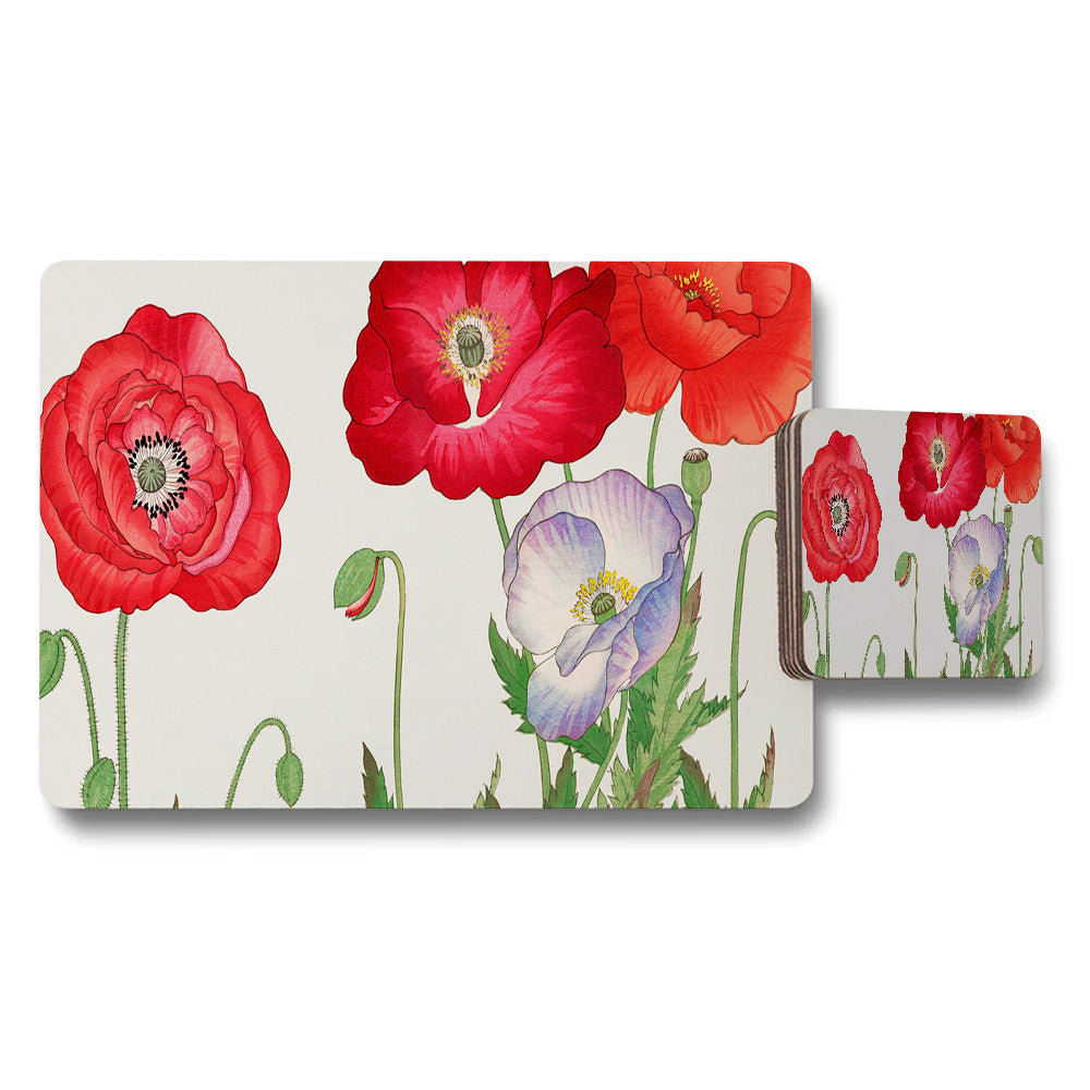 Poppy Floral Placemat Coaster Set With Red Purple Flowers