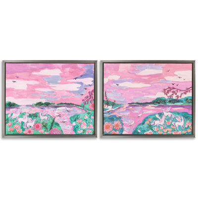  Unicorn Nature Whimsy 2 PC Framed Floater Canvas Set by Melissa Wang