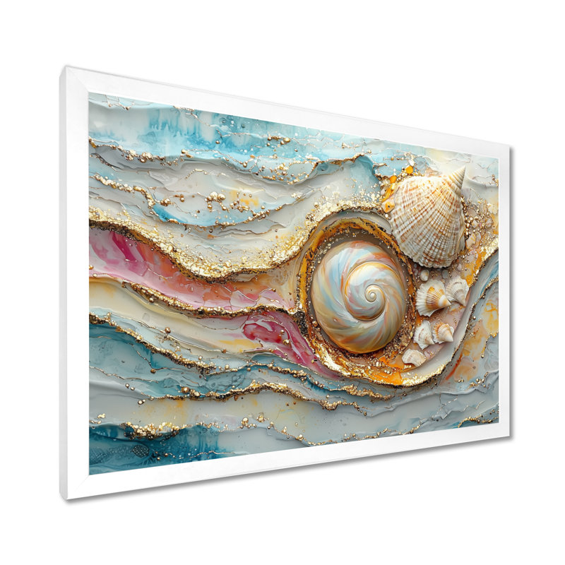 Coquillage et sable émeraude III - bord de mer, art mural, H 12 po x l 20 po, Cadre simple, Blanc
