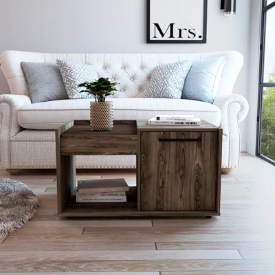 Table basse, une tablette ouverte, armoire à une porte, noyer foncé