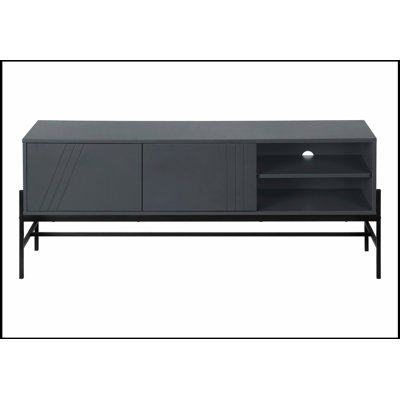 Modern 60 Inch TV Stand with Storage Cabinet and Open Shelf, Stylish Grey Laminate and Black Metal Console for Living Room and Bedroom
