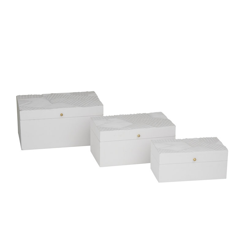 3 Piece Wooden Decorative Box Set, White Geometric