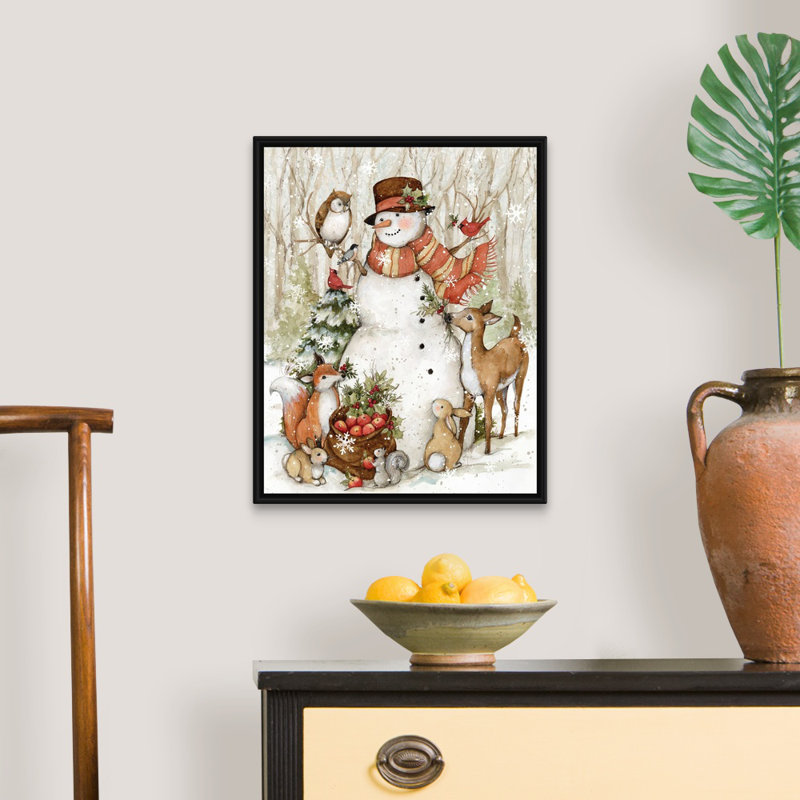 «Meadowbrook Woodland Snowman» par Susan Winget - peinture sur toile tendue, H 21,25 po x l 17,25 po, Cadre blanc