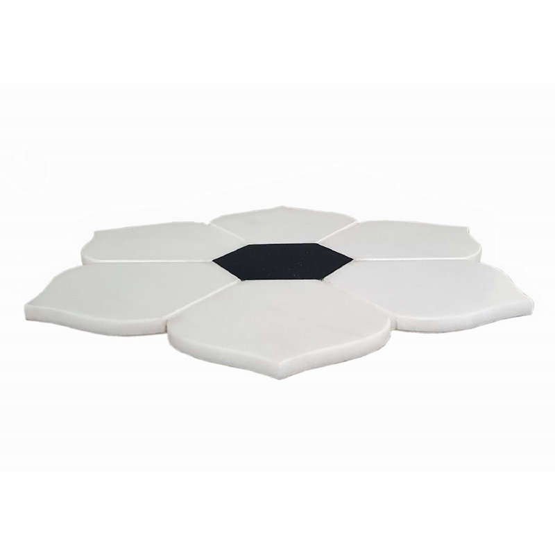 Planche à fromage en forme de fleur en marbre avec plateau tournant - l 16 po x L 16 po x H 0,7 po - blanc / noir