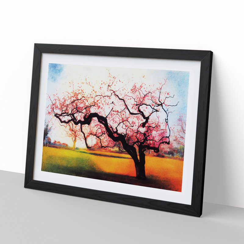 Idyllic Plum Blossom Tree - Single Picture Frame Painting, 46cm H x 64cm W x 2cm D, Black