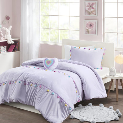 Lavender Comforter Including Adorable Tassels And Heart-shaped Decorative Pillow With Stylish Heart Throw