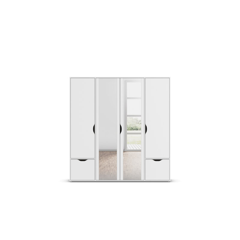 Hinged door wardrobe Narai with mirror, handle -less look MADE IN GERMANY, 194cm H x 187cm W x 53cm D, Alpine White