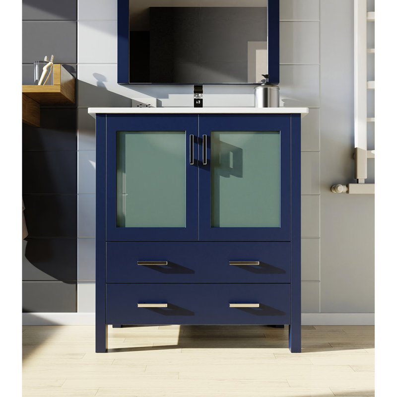 Bleu marine, 30 po W, meuble-lavabo, plateau en céramique blanche, robinet à un trou, poignée de miroir ovale encadrée à fixation murale 28 po